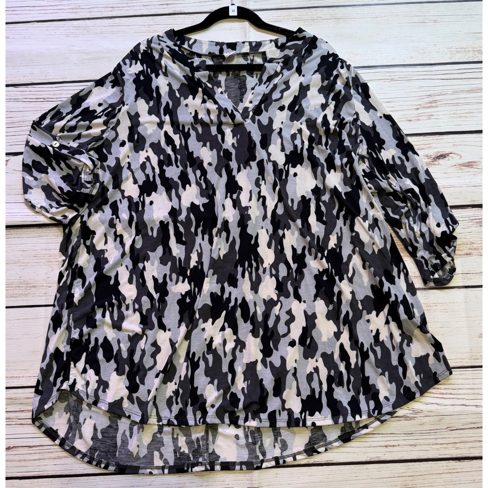Sew In Love Camo V-Neck Roll Tab Sleeve High Low Top Grey Black 3X